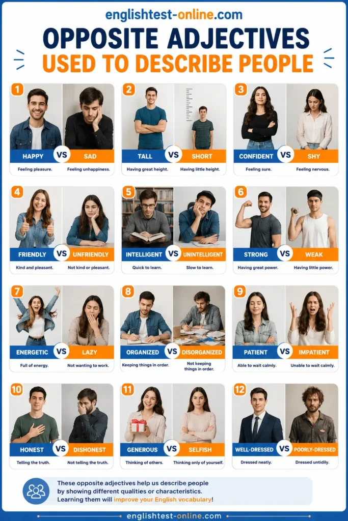 Opposite Adjectives Used to Describe People - A1 English Vocabulary